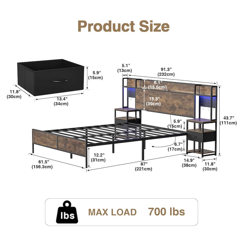 Rustic Brown Bed Frame (Queen/King) with 2 Sliding Nightstands & Bookcase Storage Headboard