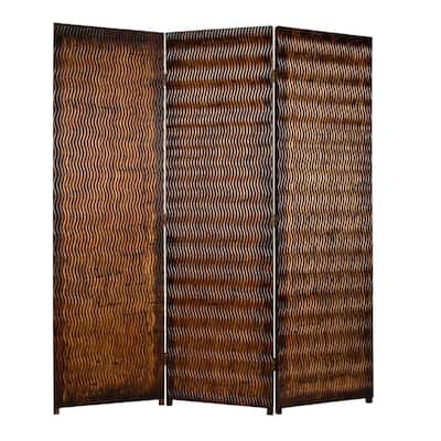 Dual Tone 3 Panel Wooden Foldable Room Divider with Wavy Design, Brown