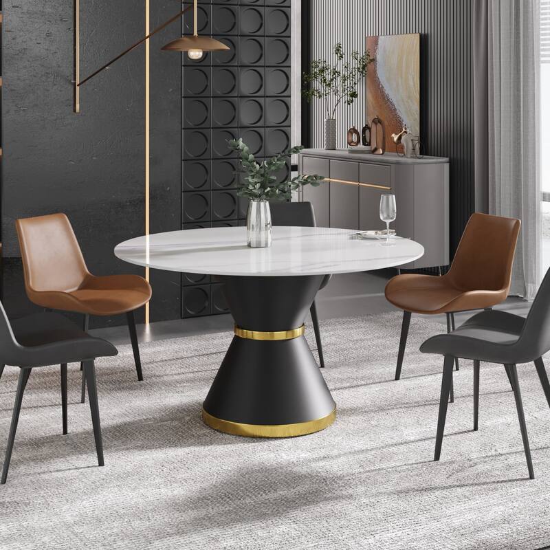 53" Modern Round Marble Dining Table for 6, with Round PU Leather Finish Metal Pedestal - white&black