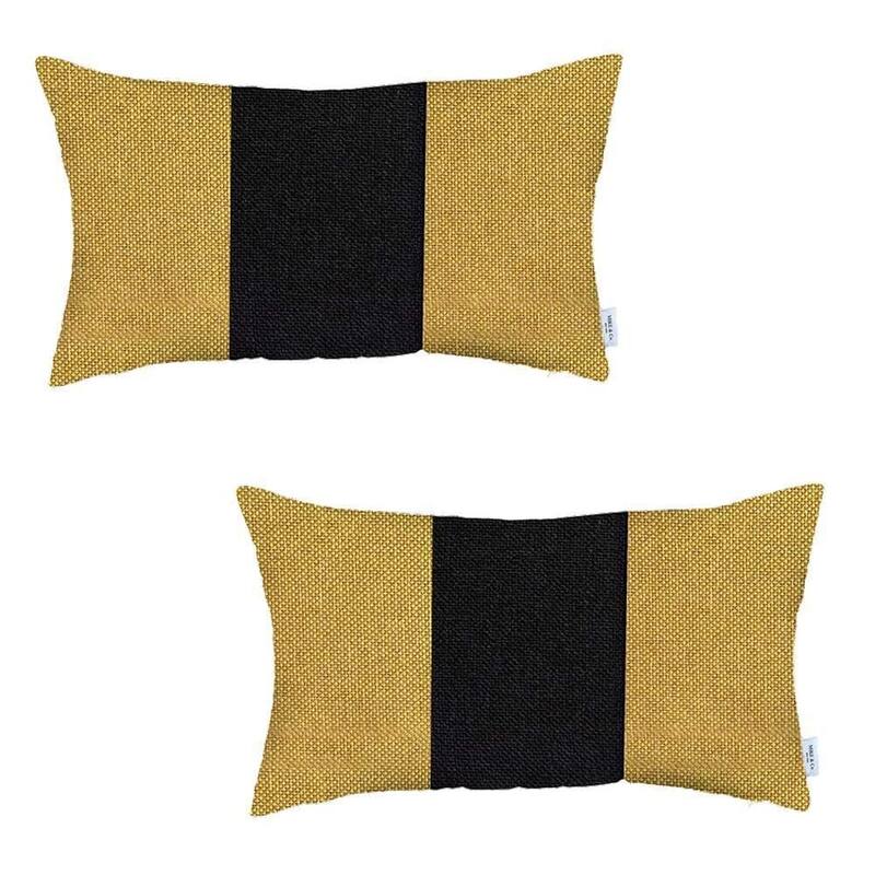 HomeRoots Set Of Two 20" X 12" Black And Yellow Geometric Zippered Handmade Polyester Lumbar Pillow