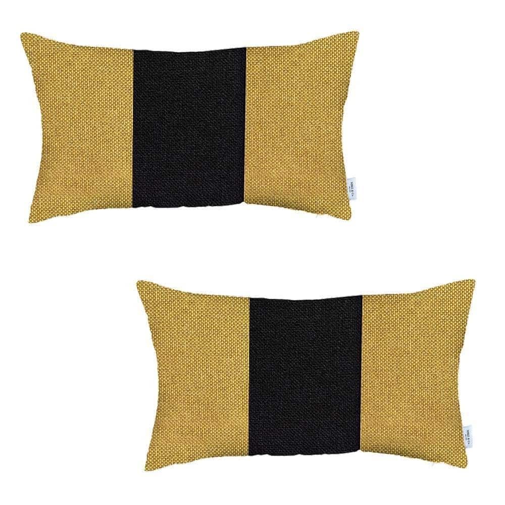 HomeRoots Set Of Two 20" X 12" Black And Yellow Geometric Zippered Handmade Polyester Lumbar Pillow