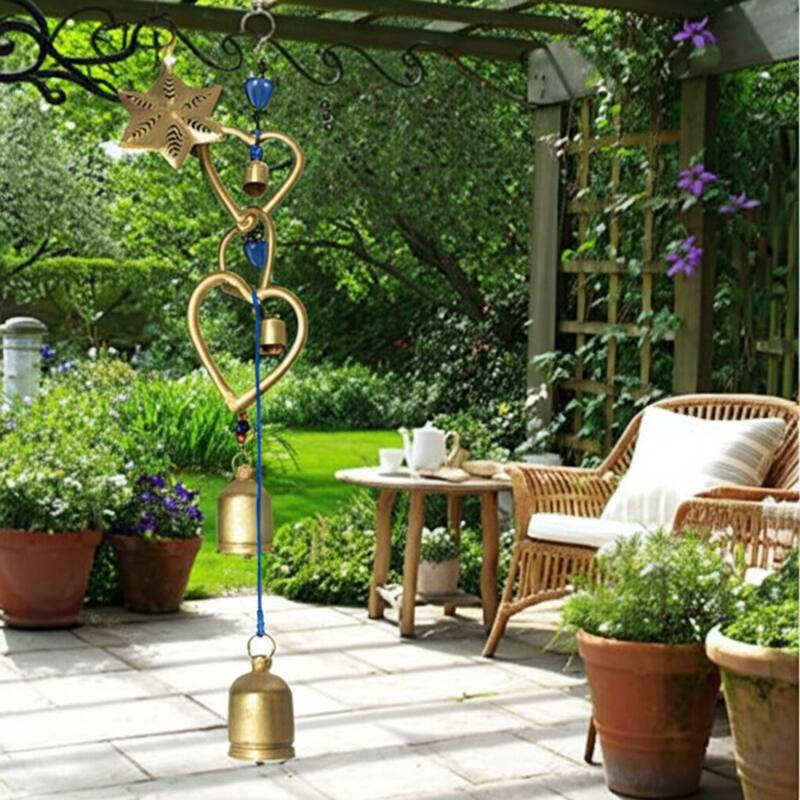 Glass Metal Bells and Windchimes Hearts Stars - 39" Gold/Blue - 7" x 2.5" x 39"