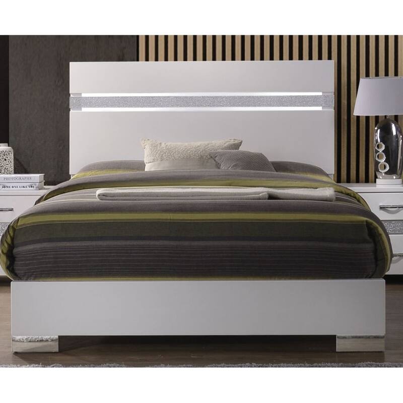 Naima II Queen Wood Panel Bed in White High Gloss&Sparkling Acrylic
