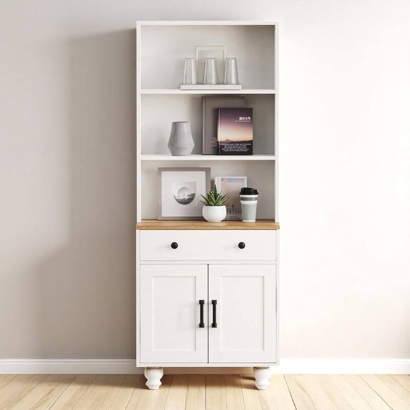 62.9" Farmhouse Kitchen Pantry Cabinet with 4 Solid Wood Legs, Open Shelves, Drawer, and Enclosed Storage Compartment - White