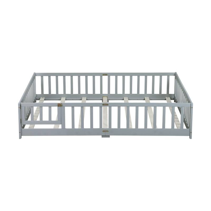 Twin/Full/Queen Size Floor Bed with Fence Guardrails and Door, Rubber Wood Toddler Bed Montessori Bed with Slats Support