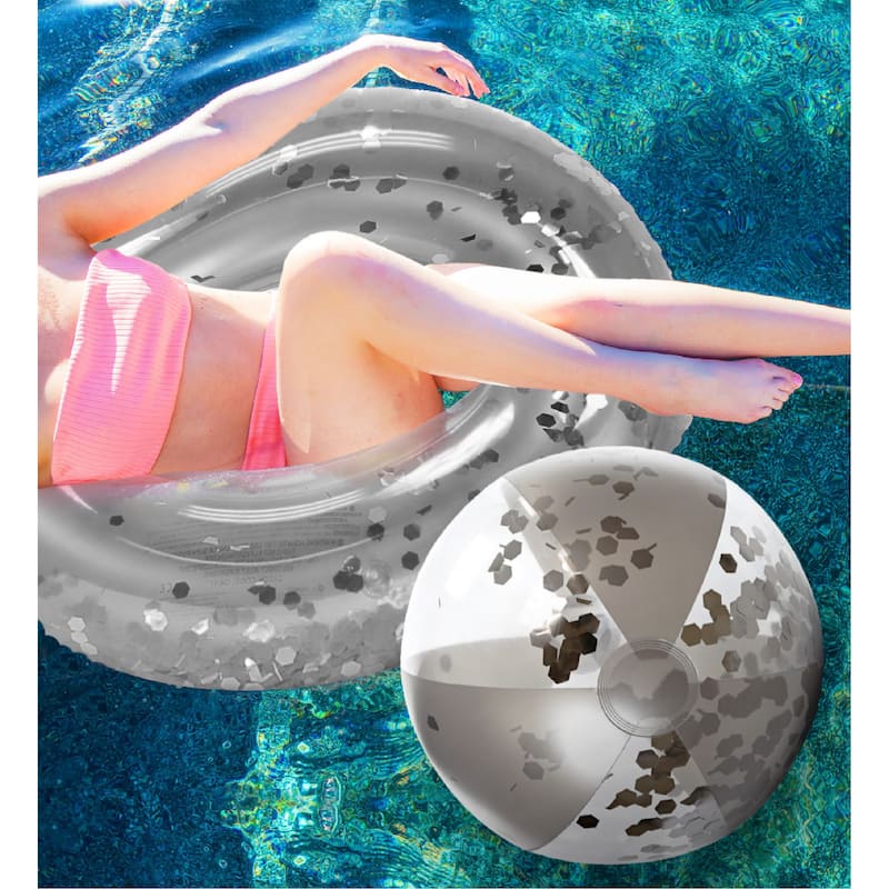 Mozlly Bundle of Silver Inflatable Pool Float Tube And Beach Balls - ‎37 x 37 x 9.5 inches
