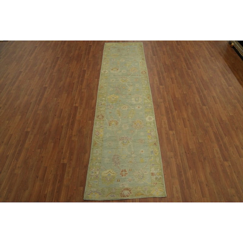 Vegetable Dye Wool Oushak Turkish Runner Rug, Floral Geometric - 11' 7'' X 3' 1''