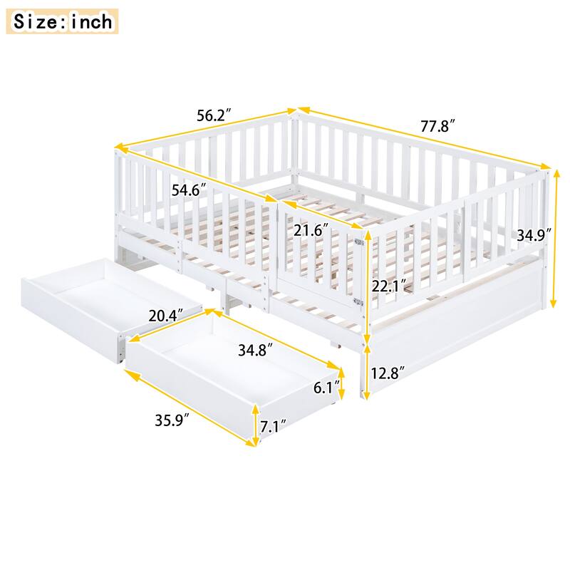 Wood Daybed with Fence Guardrails and 2 Drawers, Split into Independent Floor Bed & Daybed