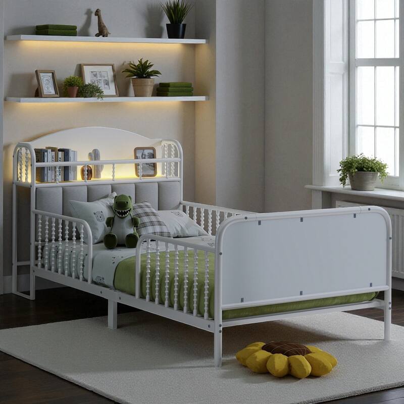 Twin/Full Size Metal Platform Bed with LED Lights and Upholstered Headboard, Kids Bed Frame with Storage Shelf