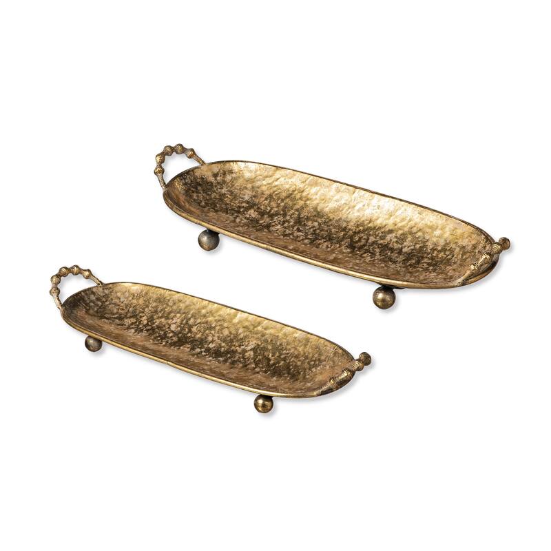 Glitzhome Set of 2 Rectangle Antique Wood Decorative Trays with Metal Handles
