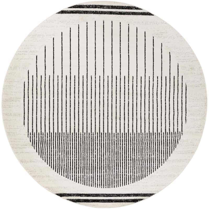 Livabliss Joel Mod Black/Ivory Ombre Geometric Striped Area Rug - 7' 10" x 7' 10" - Black/Ivory - Round