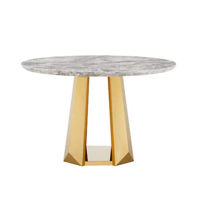 47" Round Dining Table with Faux Marble Tabletop and Stainless Steel Base - Grey+Gold