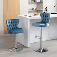 Light Blue Velvet Swivel Bar Stools Set of 2 Button Tufted Barstools ...