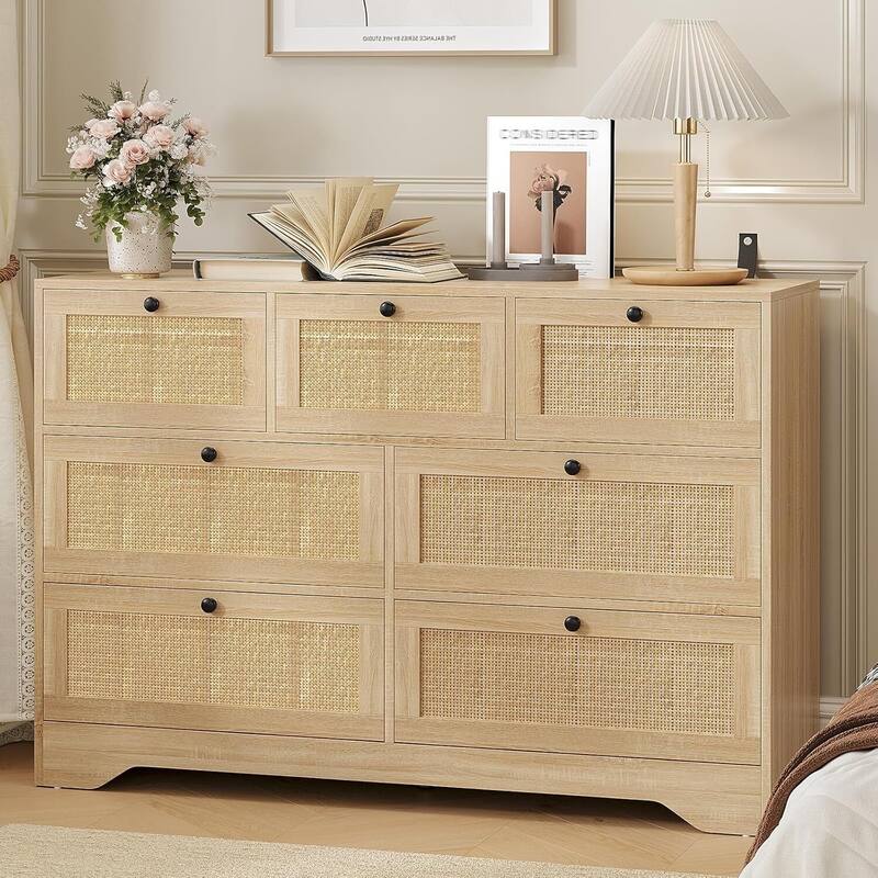 Farmhouse Rattan 7 Drawer Dresser Storage Organizer for Bedroom, Living Room