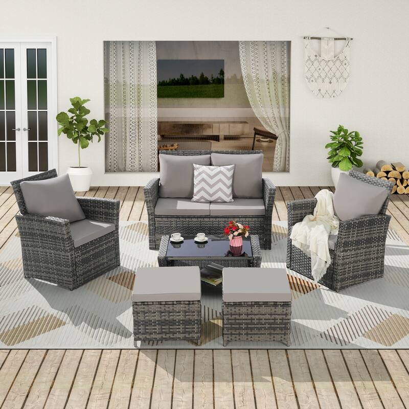 6 Pieces Patio Conversation Furniture Sets, All Weather Wicker Sectional Sofa with Glass Coffee Table and 2 Ottomans