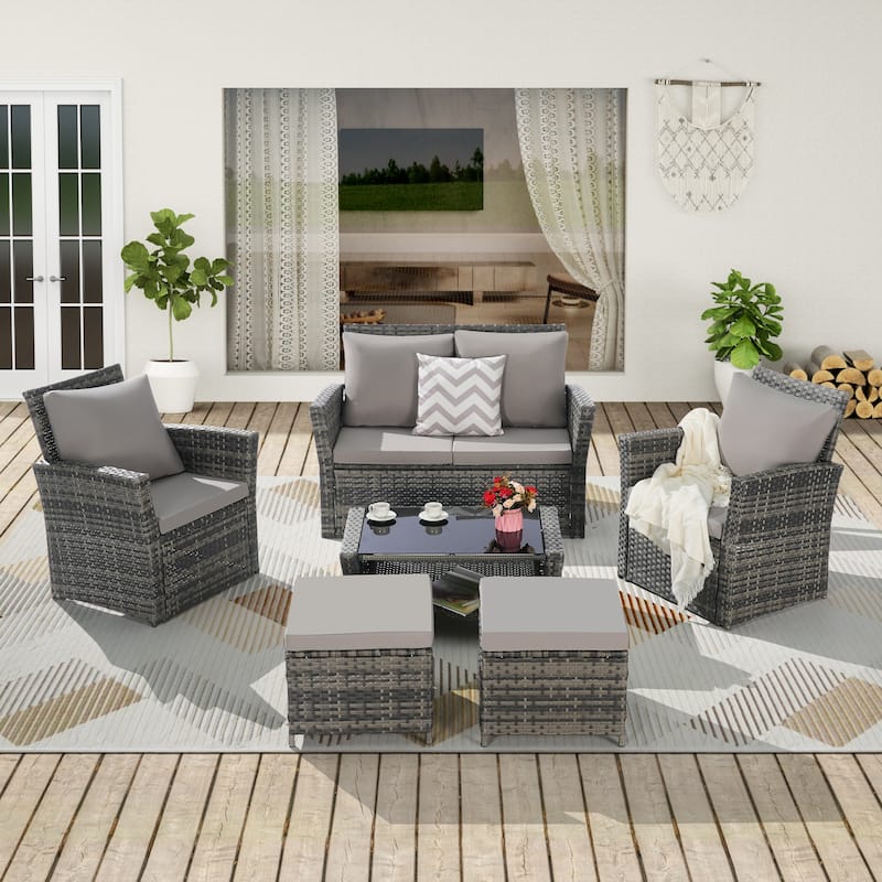 Patio Wicker Furniture Sets with Ottoman & Tempered Glass Coffee Table