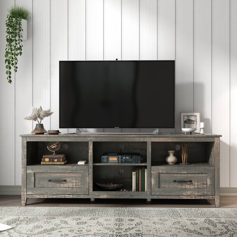 Contemporary TV Stand with 4 Open Storage Compartments and 2 Drawers, Fits 60 TVs, 70 W. - Old Pine