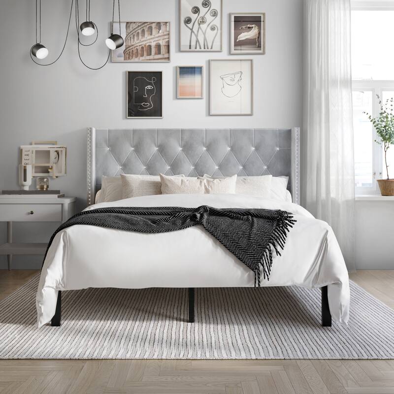 CraftPorch Luxurious Velvet Wingback Tufted Upholstered Bed