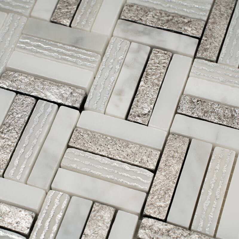 Artisana 12x12 in. Silver White Textured, Foiled Stone Block Basketweave Mosaic Wall and Floor Tile (4.83 sq ft/case, 5-Pack)