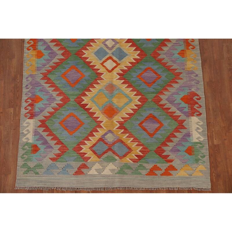 Hand Woven Oriental 100% Wool Carpet Southwestern Geometric Multi-Colored Kilim Area Rug - 6' 8'' X 5' 0''