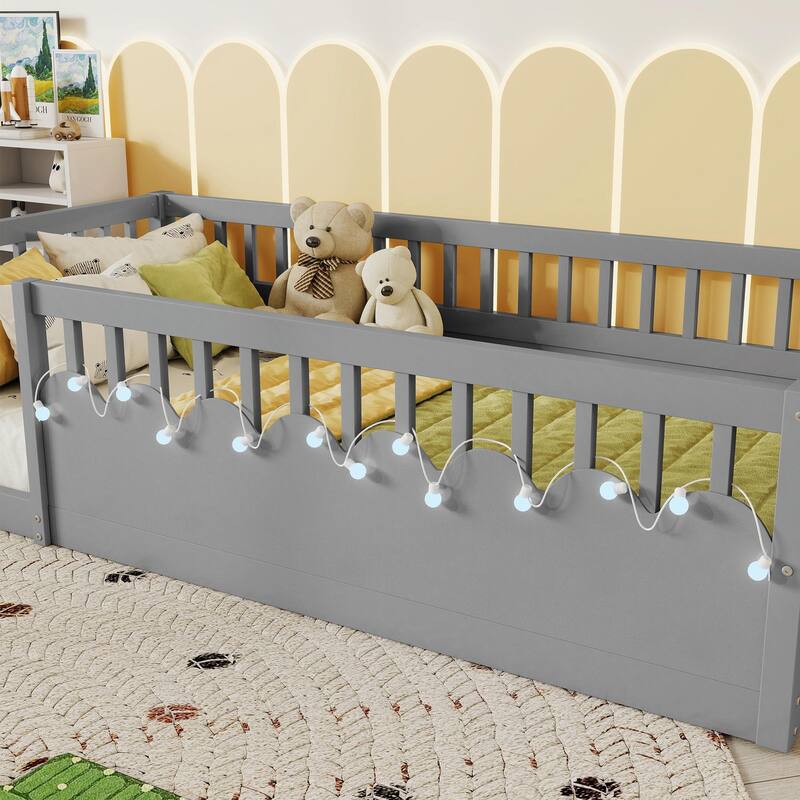 Floor Bed Frame with High Rails, Wooden Kids Floor Bed with Light and Storage Shelf