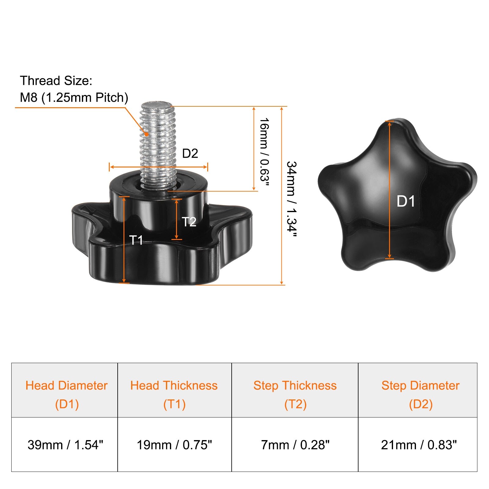Star Clamping Knobs Metric Male Thread Large Plastic Star Head Hand Tightening Thumb Screw Jig Knob Handle - Black