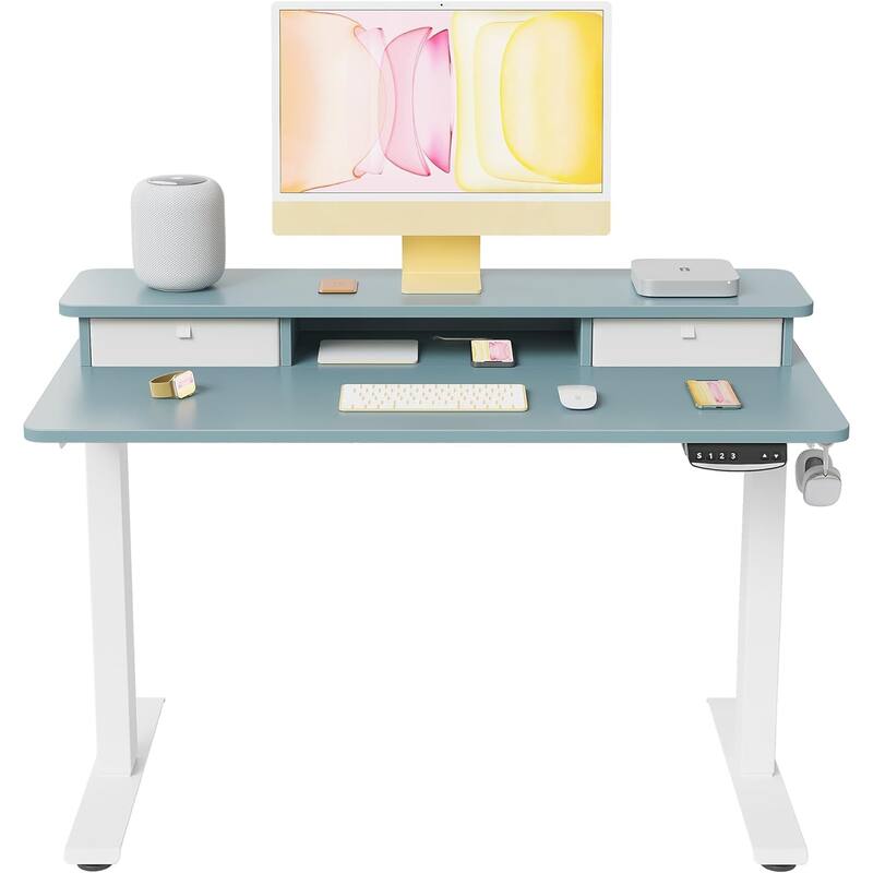 FEZIBO Height Adjustable Electric Standing Desk with Double Drawer, Stand Up Desk with Storage Shelf, Sit Stand Desk
