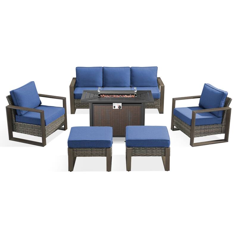 Meyreso Wicker Patio Conversation Set with Metal Fire Pit Table & Olefin Cushions