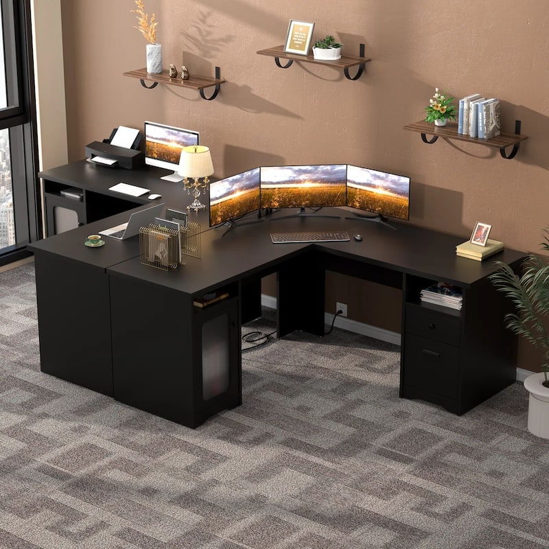 Modern Farmhouse L-Shape Desk with File Cabinet and Drawers, Homer Office Executive Desk with Charge Station