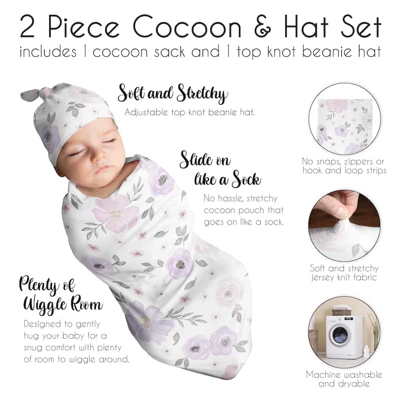 Watercolor Floral Collection Girl Baby Cocoon and Beanie Hat Sleep Sack - 2pc Set - Purple Pink Grey Boho Shabby Chic Flower