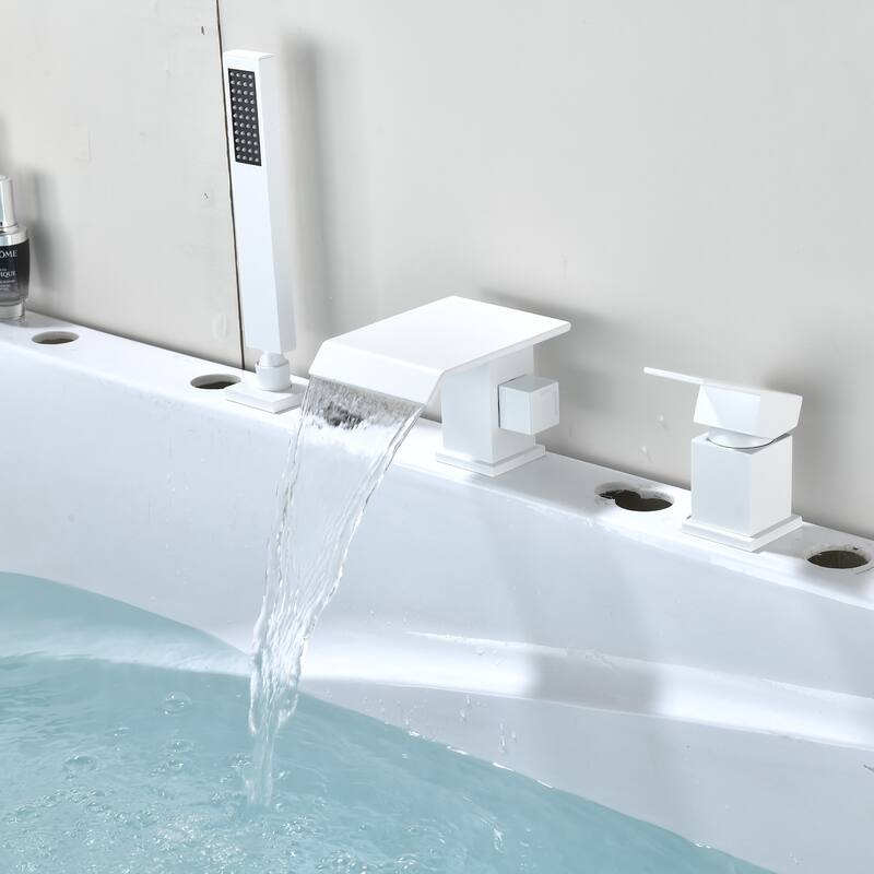 Deck Mount Tub Faucet with Hand Shower Brass Waterfall Bathtub Faucet Single Handle Roman Tub Filler - White