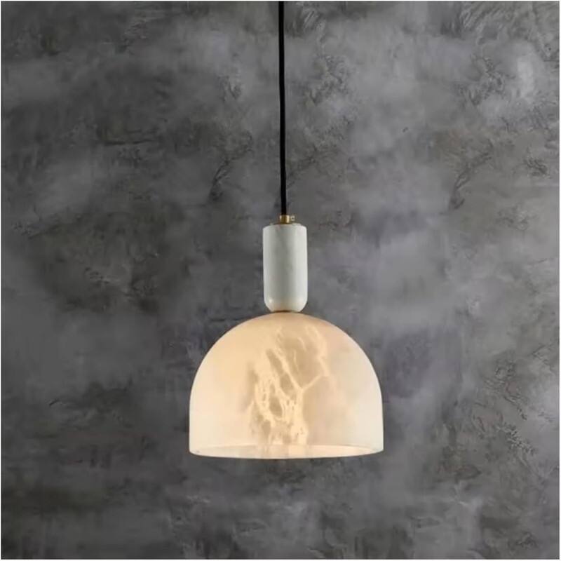 KAYLA Nordic Pendant Light Fixture - Round Alabaster Hanging Lamp with Brushed Brass Finish for Kitchen Island, Dining Room - 7.8in - Black