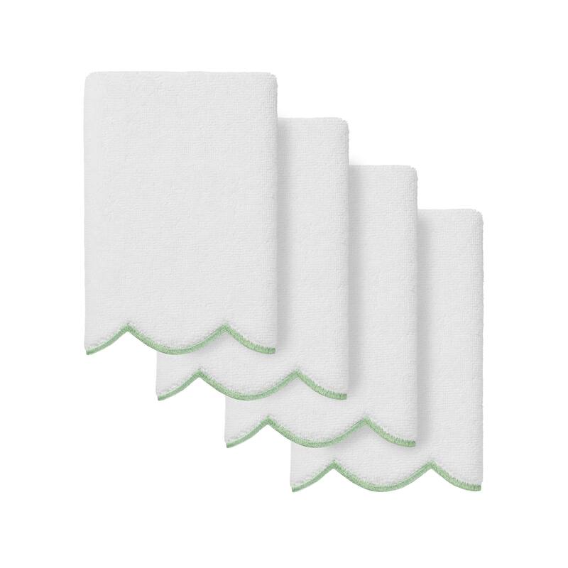 Authentic Hotel and Spa 100% Turkish Cotton ADORNIA Scallop Fingertip Towel Set - White/Green - 4 Fingertip Towels