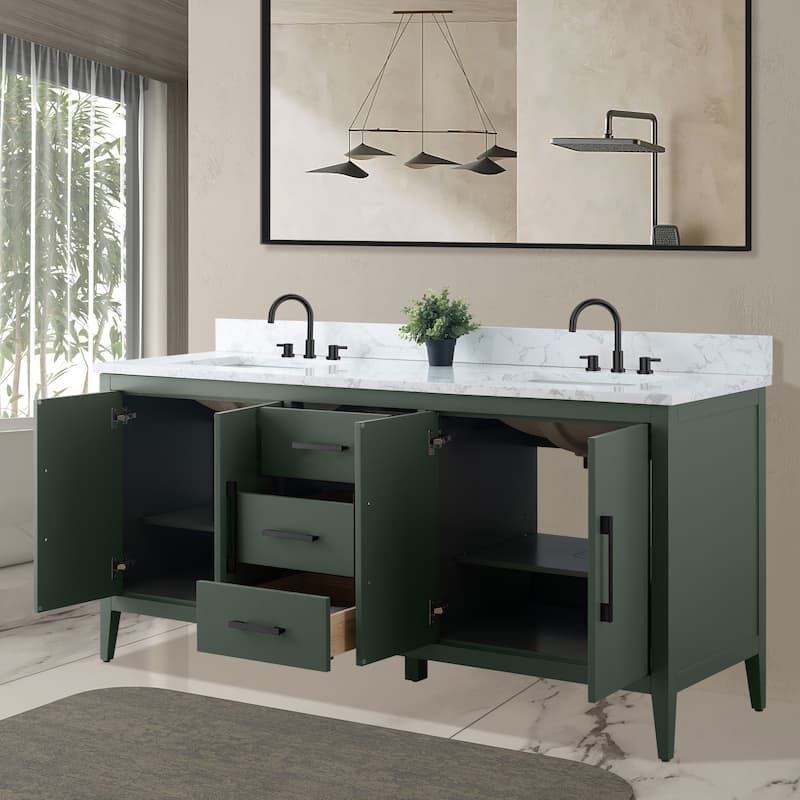 Vanity Art 72" Double Sink Bathroom Vanity Cabinet with Engineered Marble Top