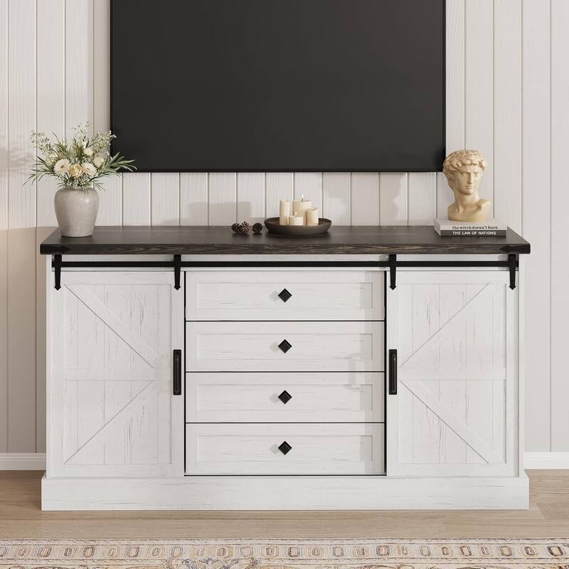 Farmhouse 4 Drawer Dresser for Bedroom, 59" Wood Dressers with Sliding Barn Doors