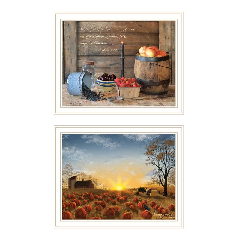 2-Piece Framed Wall Art Set - Autumn Sunrise & Fruit of the Spirit, White Frame