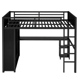 Full XL Size Loft Bed with Desk, Wardrobe, Metal Frame & Shelves, Black