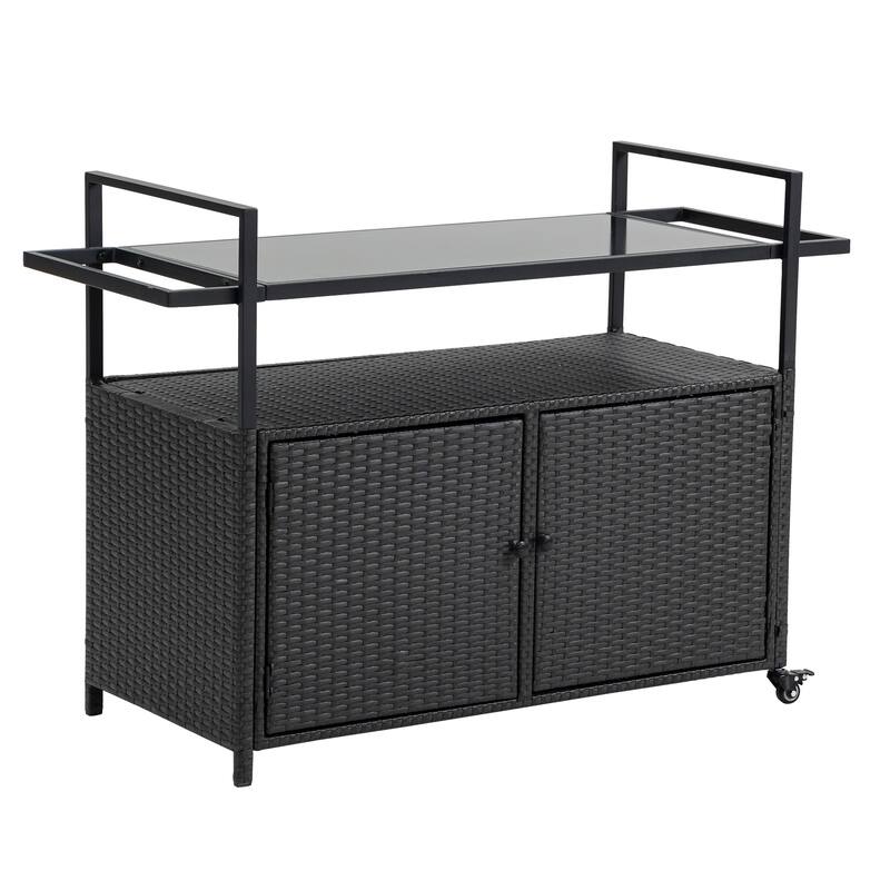 Outdoor Bar Cart Patio Wine Serving Cart Rolling Rattan Beverage Bar Counter Table - 51.18'' W x 19.69'' D x 35.43'' H