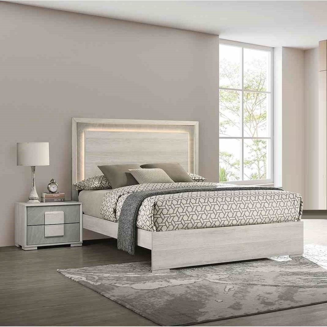 Modern Antique White Finish Two Tone Design LED Bedroom Set 3pc