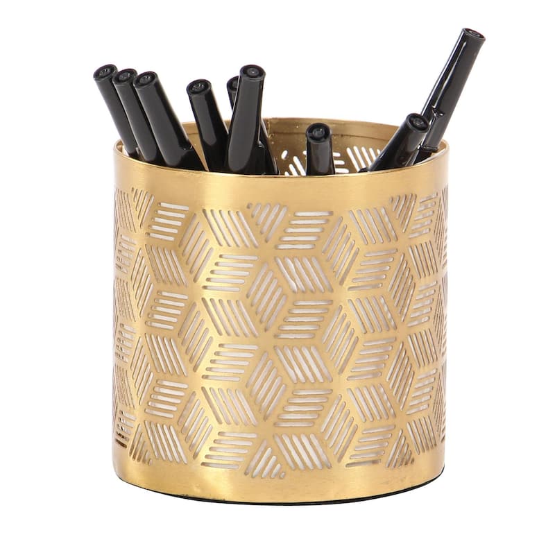 Metal Geometric Pencil Cup with Laser Carved Design - Gold - Roche River Decor - Gold Geometric - 4"W, 4"H