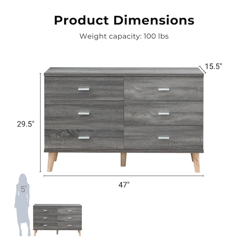 DH BASIC Mid-Century Modern Distressed Grey 47-inch Wide 6-Drawer Dresser with Bar Pulls by Denhour