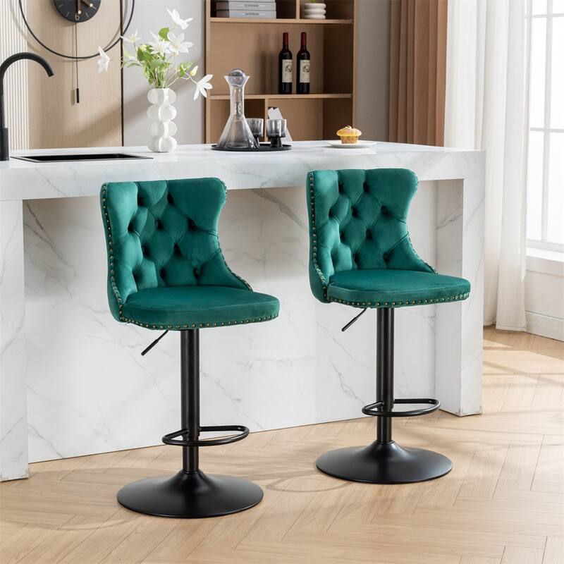 2 Piece Adjustable Swivel Velvet Upholstered Barstool with Black Metal Base