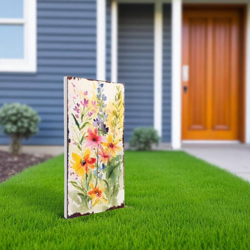 HomeRoots 30" Green Pink White And Yellow Solid Wood Watercolor Floral Garden Stake - Green/White/Pink - Wood