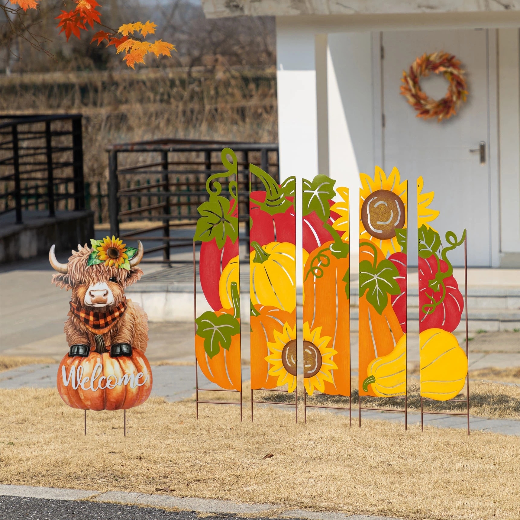 Glitzhome Fall /Halloween/Thanksgiving Metal Highland Cow Yard Stake Pumpkin Patch Combo Wall Decor
