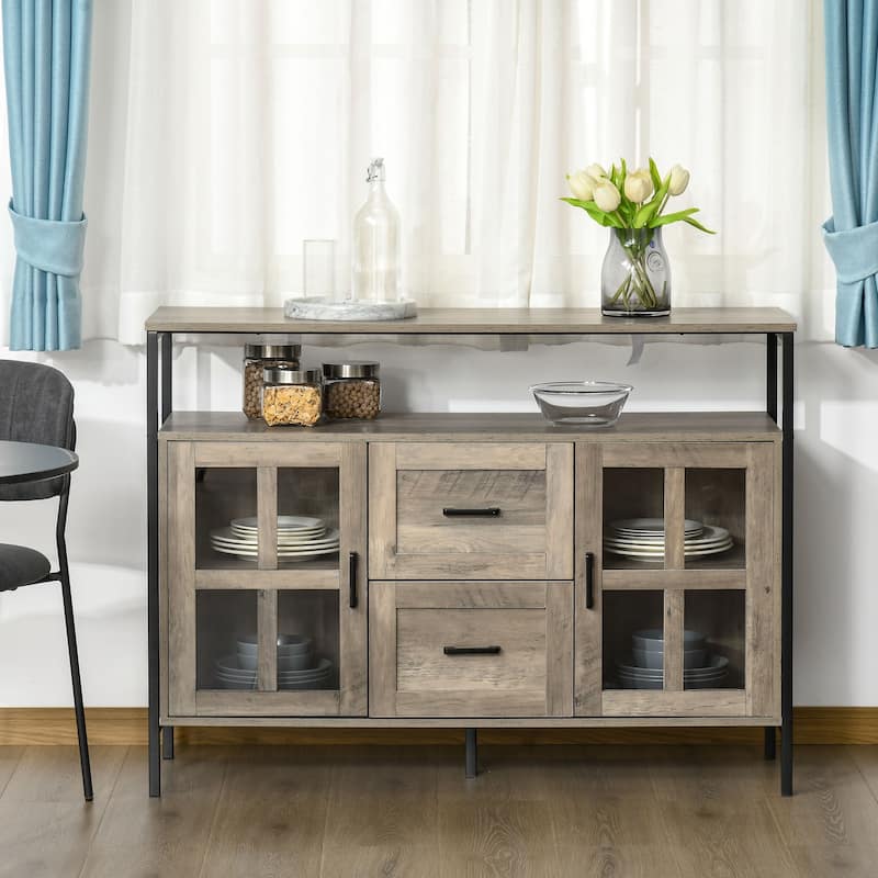 Industrial Sideboard Buffet Cabinet, Kitchen Cabinet, Coffee Bar Cabinet with Adjustable Shelves, Glass Doors, and 2 Drawers