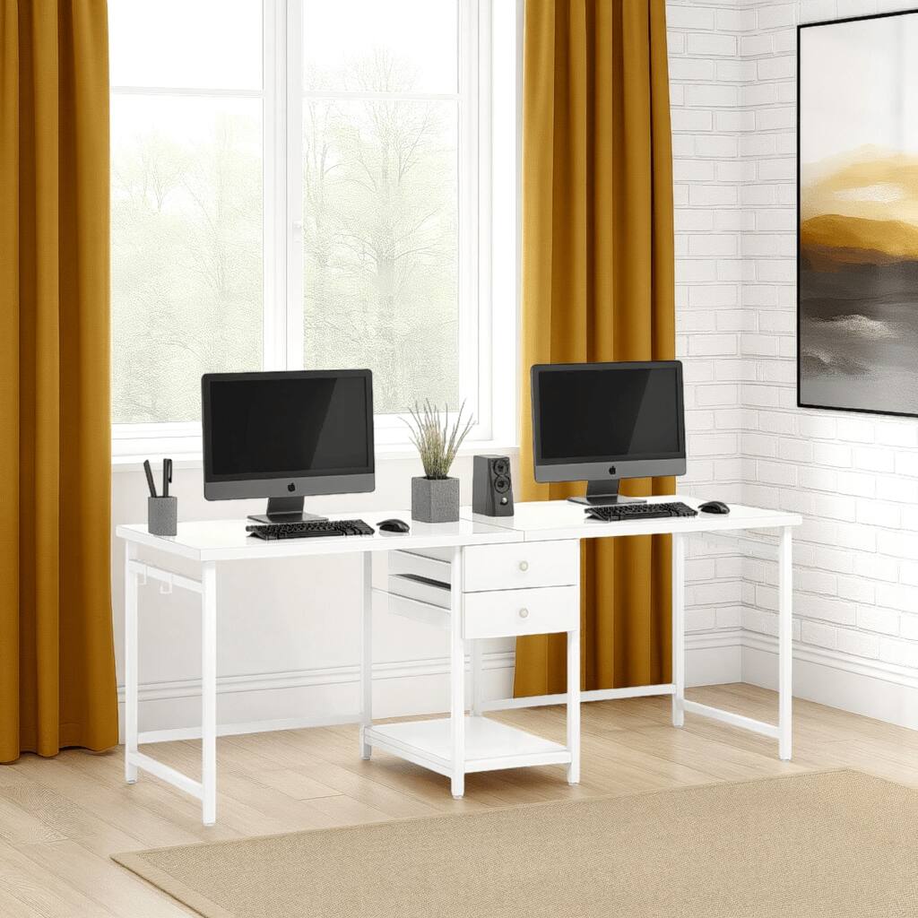Office Desk, 78 Inch Glossy White, Metal Legs, 2 Drawers 1 Shelf