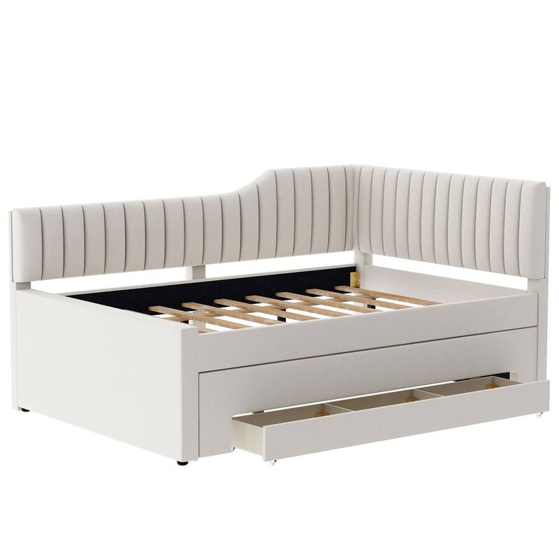 Upholstered Linen Bed Frame, Full Size Daybed with Pull-out Trundle and Storage Three Drawers for Bedroom/Apartment