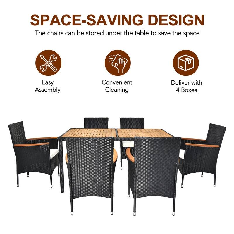 Outdoor 7-Piece Wicker and Acacia Wood Dining Set with Beige Cushion