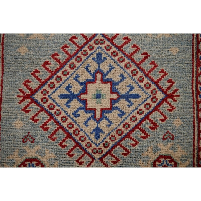 Geometric Kazak Oriental Runner Rug Hand-Knotted Grey Wool Carpet - 2'7" x 16'0"