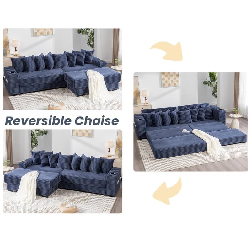 110.75" Corduroy Sectional Sofa, Convertible Sleeper Sofa Bed L-Shaped Upholstered Couch with Removable Footstool, Cup Holder